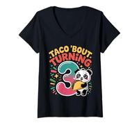 Women's Taco Bout Turning 3 Funny 3rd Birthday Panda V-Neck T-Shirt