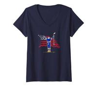 Women's Tage Thompson - Stars & Stripes Superstar Pose - Pro Hockey V-Neck T-Shirt