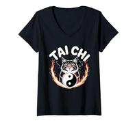 Womens Tai Chi Cat Yin Yang Flower of Life Martial Arts Kitten V-Neck T-Shirt