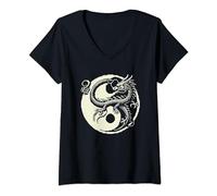 Womens Tai Chi Symbol with Dragon: 8-Bit Pixel Art Yin Yang Design V-Neck T-Shirt