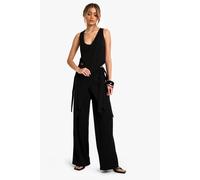 Womens Tailored Wrap Tie Detail Wide Leg Trouser - Black - 14, Black