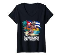 Women's Taino Blood Runs Through Me Running Warrior Cuban Flag Beach V-Neck T-Shirt