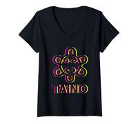 Womens Taino Tribal Symbol Neon Face Design V-Neck T-Shirt