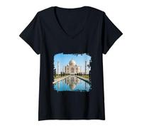 Women's Taj Mahal India Monument Reflection Scene V-Neck T-Shirt