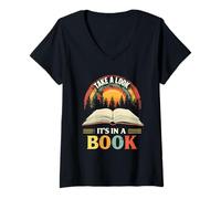 Womens Take A Look It's in A Book Whimsical Bookworm Artwork V-Neck T-Shirt