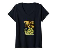 Womens Take It Easy Retro Snail Design V-Neck T-Shirt