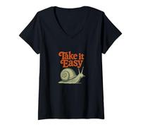 Womens Take It Easy Retro Snail Design V-Neck T-Shirt