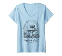 Women's Take It Slow Snail, Cottagecore Mushroom Tee V-Neck T-Shirt