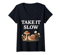 Women's Take It Slow Snail Mushroom Cottagecore Design V-Neck T-Shirt