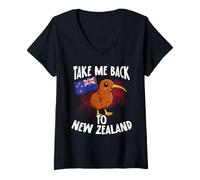 Womens Take Me Back to New Zealand Kiwi Bird Flag Travel V-Neck T-Shirt