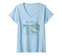 Womens Take Me Back to the Islands Little Girl Seal Volcano V-Neck T-Shirt