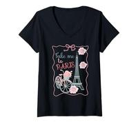 Womens Take Me to Paris, Eiffel Tower and Bicycle with Roses Cute V-Neck T-Shirt