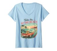 Women's Take Me to The Beach Retro Sunset Drive V-Neck T-Shirt