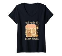 Womens Take Me to The Book Store Cozy Bookshop Cat Aesthetic V-Neck T-Shirt