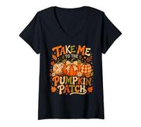Women's Take Me to The Pumpkin Patch Fall Design Cute Retro V-Neck T-Shirt