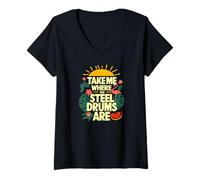 Womens Take Me Where The Steel Drums Are - Flamingo Reggae Summer V-Neck T-Shirt