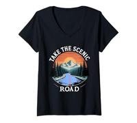 Womens Take The Scenic Road Nature Travel Design Graphic V-Neck T-Shirt