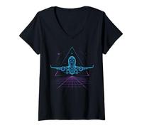Womens Taking Off Aviation Flight Futuristic Airplane Pilot V-Neck T-Shirt