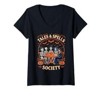 Womens Tales & Spells Society Skeleton Witch Book Club V-Neck T-Shirt