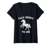 Womens Talk Derby to Me Funny Horse Riding Equestrian Rider #25D1A V-Neck T-Shirt