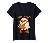 Womens Talk Spooky to Me Ghost Reading Cute Halloween Book Lover V-Neck T-Shirt
