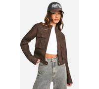 Womens Tall Cropped Pocket Detail Faux Leather Biker Jacket - Brown - 8, Brown