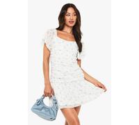 Womens Tall Ditsy Floral Mesh Angel Sleeve Ruched Mini Dress - White - 10, White