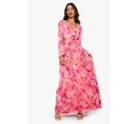 Womens Tall Floral Chiffon Volume Sleeve Maxi Dress - Pink - 14, Pink