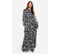 Womens Tall Floral Crinkle Chiffon Ruffle Maxi Dress - Black - 10, Black