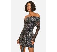 Womens Tall Leopard Mesh Bardot Twist Front Mini Dress - Multi - 8, Multi