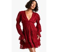 Womens Tall Paisley Burnout Puff Sleeve Ruched Skater Dress - Red - 4, Red