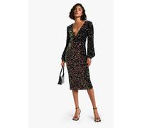 Womens Tall Sequin Balloon Sleeve Plunge Midi Dress - Black - 6, Black