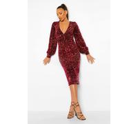 Womens Tall Sequin Balloon Sleeve Plunge Midi Dress - Red - 8, Red