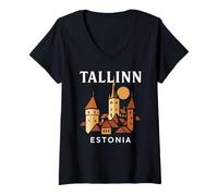 Womens Tallinn Estonia Medieval Old Town Vintage Retro Estonian V-Neck T-Shirt