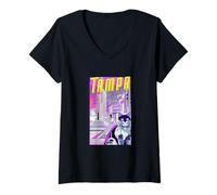 Womens Tampa Cat Retro Anime Cityscape Florida USA Vintage Funny V-Neck T-Shirt