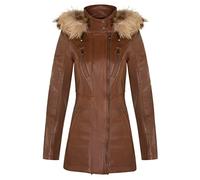 Women's Tan Leather Parka Jacket Quilted Detachable Hooded Trench Coat XL