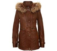 Women's Tan Warm Leather Jacket Detachable Hooded Parker Trench Coat M