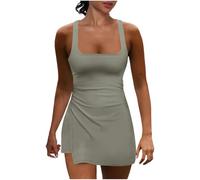 Women'S Tank Dress With Built In Shorts and Bra Women'S Dungarees Tennis Athletic Golf Dress Workout Mini Dress Ribbed Bodycon Sleeveless Tummy Control Shapewear Slips Square Neck Vest Short Skirts XL