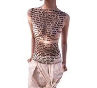 Women's Tank Top Hot Girl Letter Graphic Mesh Sheer Tee Sexy See Through Slim Tops Tee Y2k Harajuku Streetwear, Beige, M