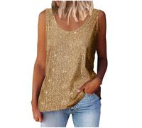 Womens Tank Tops Casual Round Neck Strappy Sequin Sparkle Shimmer Camisole Sleeveless Vests Sequin Glitter Gold