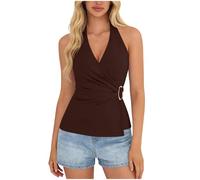 Women's Tank Tops Elegant Camisole Casual Going Out Vest Shirt Sleeveless Basic Blouses Fashion Cami Shirt V-Neck Solid Color Sleeveless Strappy Halterneck Pleated Top Brown