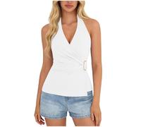 Women's Tank Tops Elegant Camisole Casual Going Out Vest Shirt Sleeveless Basic Blouses Fashion Cami Shirt V-Neck Solid Color Sleeveless Strappy Halterneck Pleated Top White
