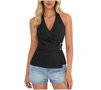 Women's Tank Tops Elegant Camisole Casual Going Out Vest Shirt Sleeveless Basic Blouses Fashion Cami Shirt V-Neck Solid Color Sleeveless Strappy Halterneck Pleated Top Black