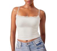 Womens Tank Tops Sexy Lace Double Lined Cami Top Clasic Spaghetti Strap Square Neck T Shirts Vest Ladies Y2K Club Party Shirt Vest Tops Women UK (Beige, L)