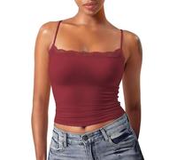 Womens Tank Tops Sexy Lace Double Lined Cami Top Clasic Spaghetti Strap Square Neck T Shirts Vest Ladies Y2K Club Party Shirt Cotton Vests for Women (Wine, S)