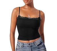 Womens Tank Tops Sexy Lace Double Lined Cami Top Clasic Spaghetti Strap Square Neck T Shirts Vest Ladies Y2K Club Party Shirt Womens Vest Tops (Black, S)