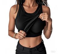 Womens Tank Tops with Built in Bra UK Sexy Camisole Fitted Scoop Neck Ribbed Basics Vest Top (UK, Alpha, XL, Regular, Regular, Black)