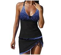 Women's Tankini 2 Pieces Normal Swimsuit High Waisted Green White Blue Golden Black Padded V-Wire Swimsuits Sports Holiday Sexy Straps Padded Bras Straps Tank Top Loose Shirt, Blue- 1, 5XL