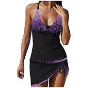 Women's Tankini 2 Pieces Normal Swimsuit High Waisted Green White Blue Golden Black Padded V-Wire Swimsuits Sports Holiday Sexy Straps Padded Bras Straps, purple, XL