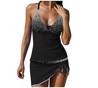 Women's Tankini 2 Pieces Normal Swimsuit High Waisted Green White Blue Golden Black Padded V-Wire Swimsuits Sports Holiday Sexy Straps Padded Bras Straps, black, XL